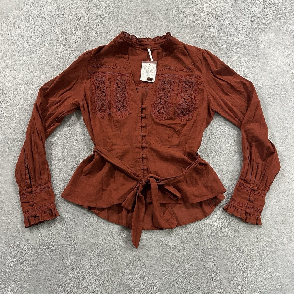 Free People Blouse Women's Large Sienna Button Long Sleeve Lace Boho Top Brown